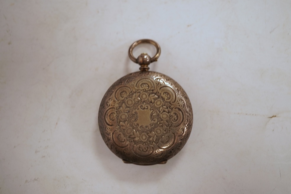 A white metal hunter keywind pocket watch, with Roman dial and subsidiary seconds, two silver charm bracelets and sundry items including jewellery and a silver sovereign case.